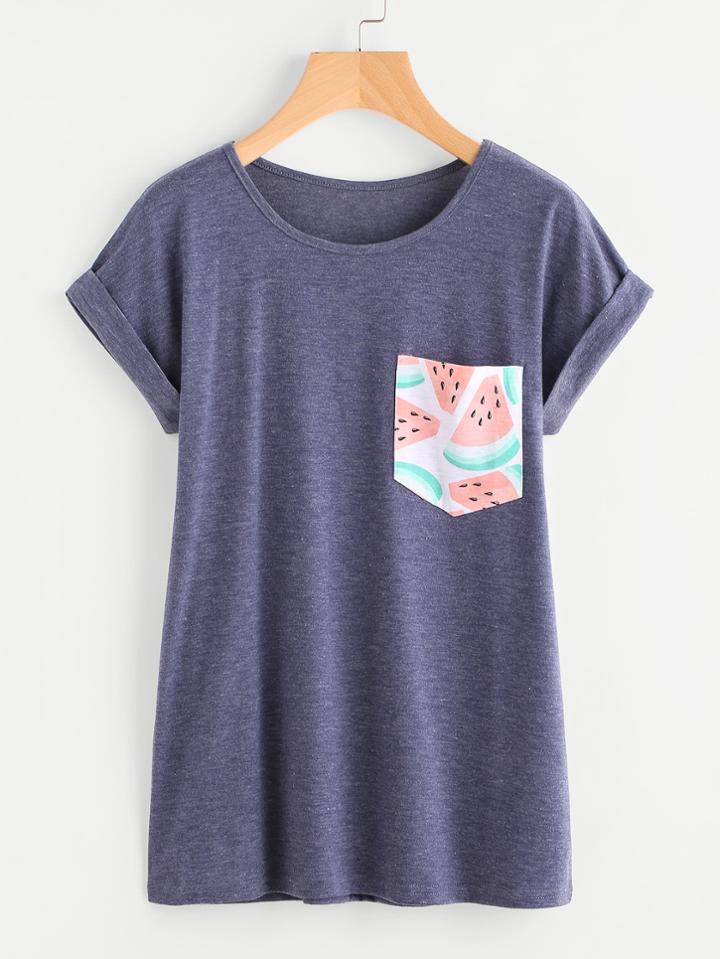 Shein Contrast Watermelon Print Pocket Cuffed Tee