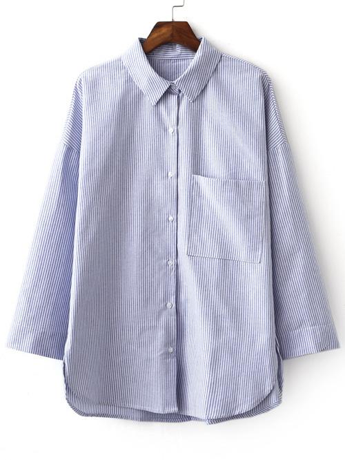 Shein Blue Lapel Stripe Dipped Hem Button Blouse