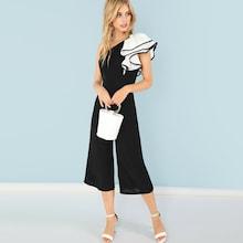 Shein Exaggerate Ruffle Trim One Shoulder Flare Leg Jumpsuit