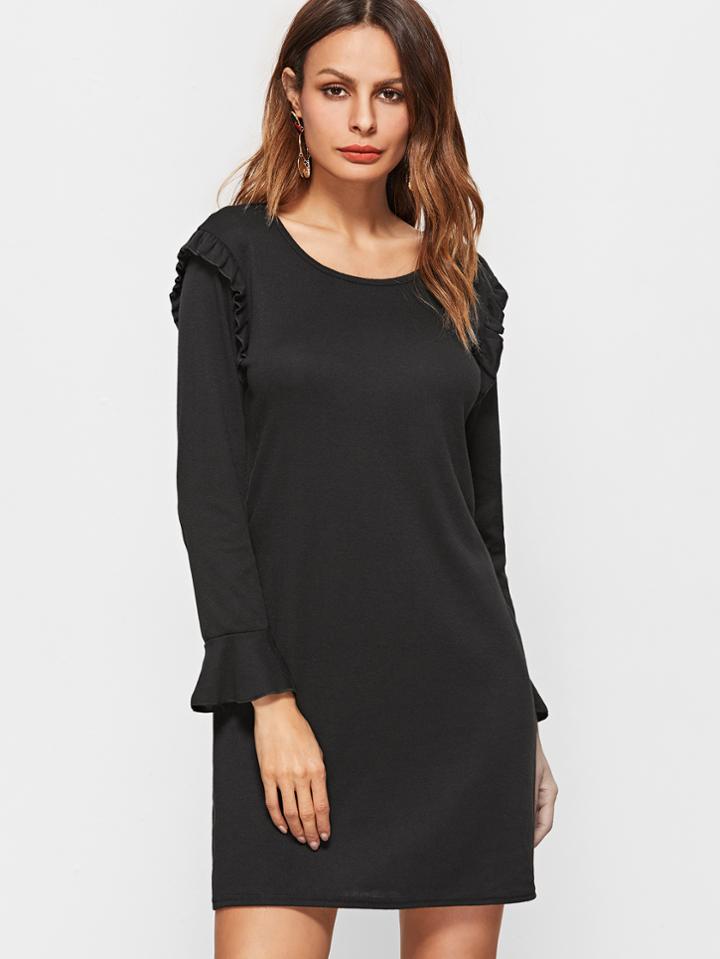 Shein Black Bell Sleeve Ruffle Trim Dress