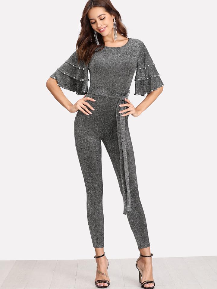 Shein Pearl Embellished Layered Sleeve Self Belted Jumpsuit