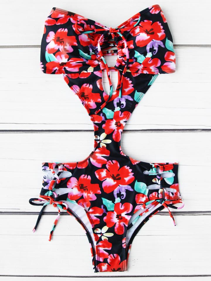 Shein Calico Print Lace Up Bandeau Monokini