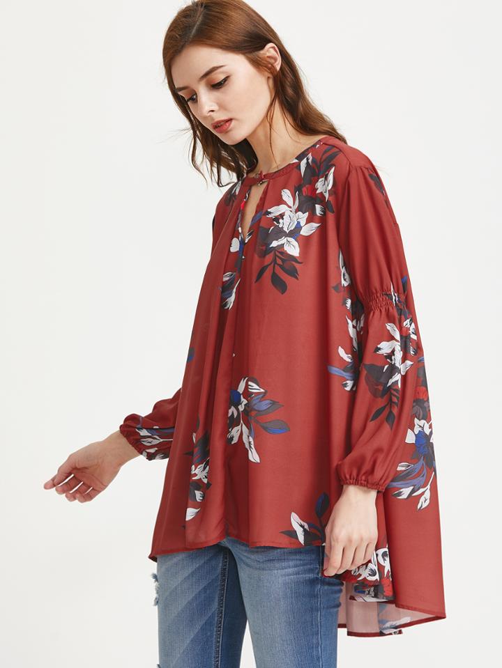 Shein Leaves Print V-cut Front Dip Hem Blouse