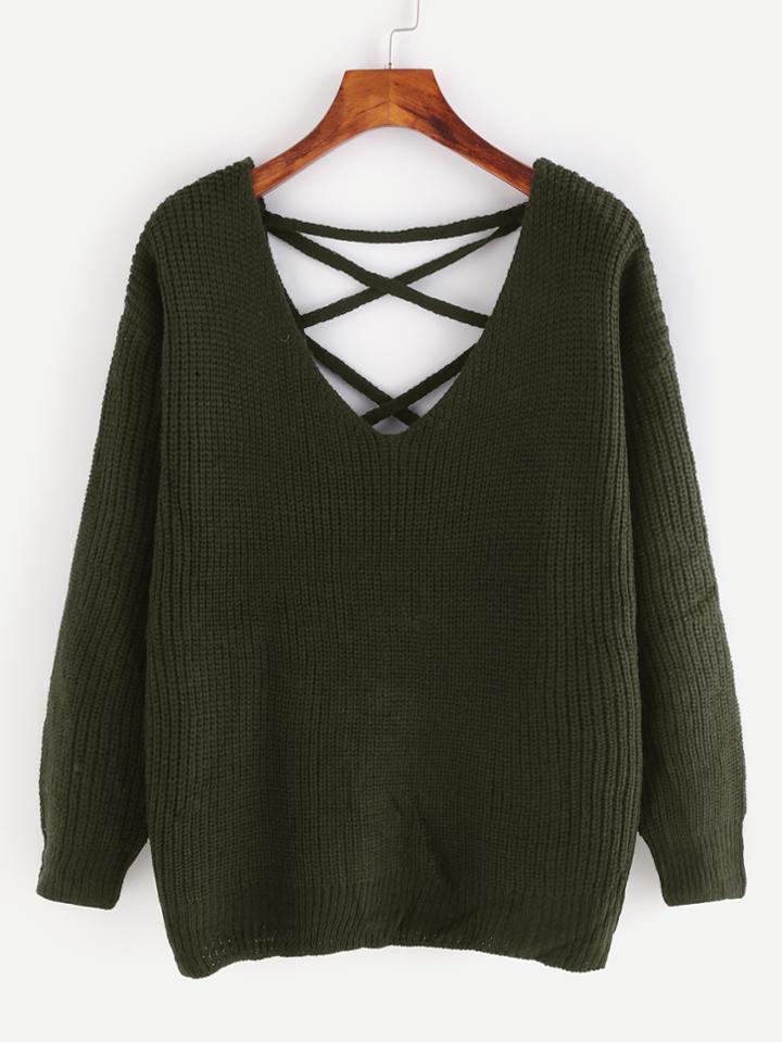 Shein Eyelet Lace Up Open Back Sweater