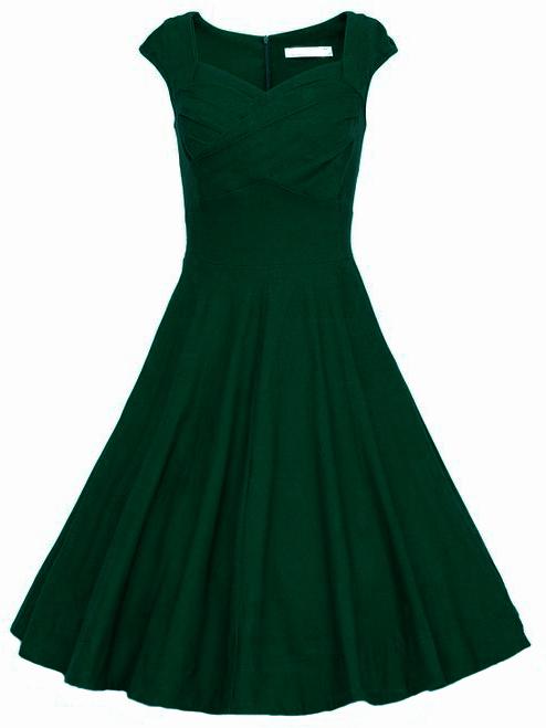 Shein Dark Green Heart Shape Collar Sleeveless Flare Dress