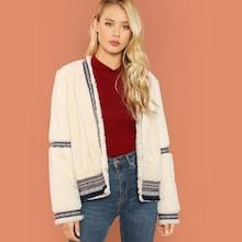 Shein Contrast Tape Tassel Hem Teddy Coat