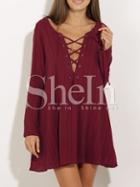 Shein Burgundy Lace Up V Neck Dress