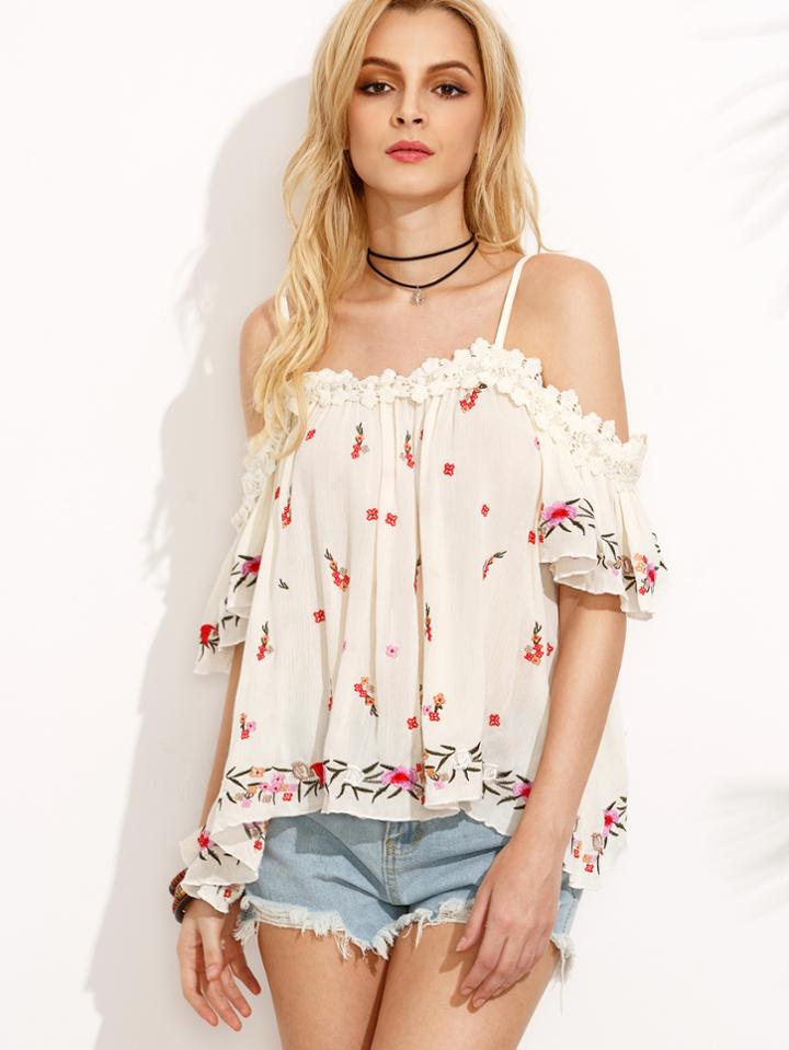 Shein Beige Cold Shoulder Flower Embroidered Blouse