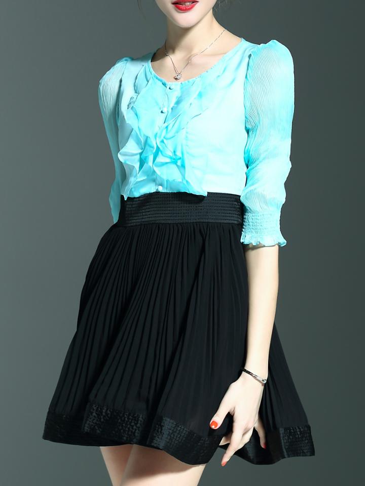 Shein Blue Ruffle Sheer Pleated A-line Dress