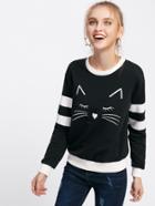 Shein Cat Print Striped Sleeve Two Tone Pullover