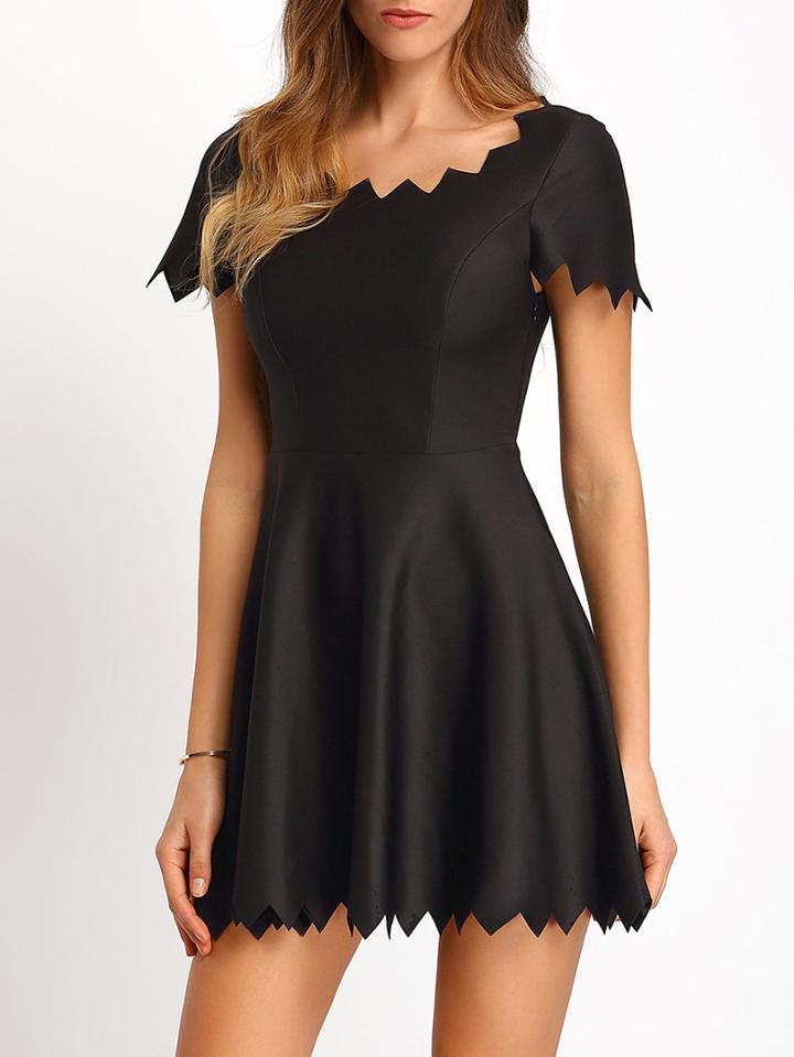 Shein Black Short Sleeve Scalloped Slim Dress
