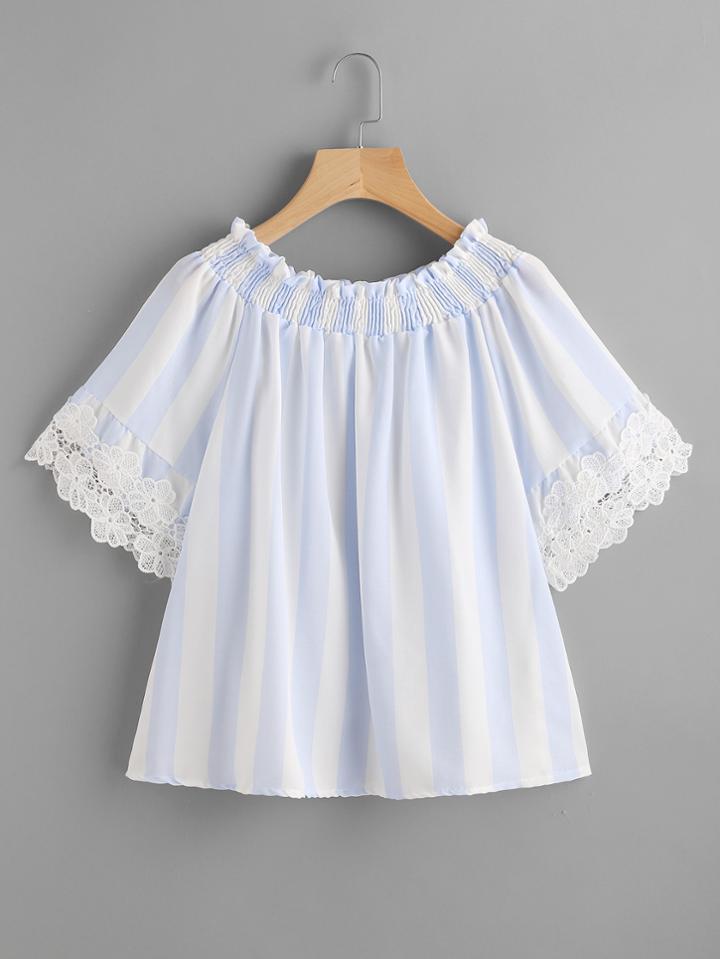 Shein Contrast Striped Crochet Lace Trim Top