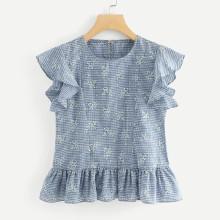 Shein Gingham Floral Print Frill Top