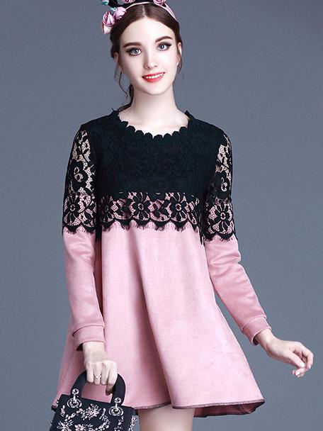 Shein Pink Round Neck Long Sleeve Contrast Lace Dress