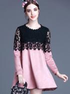 Shein Pink Round Neck Long Sleeve Contrast Lace Dress