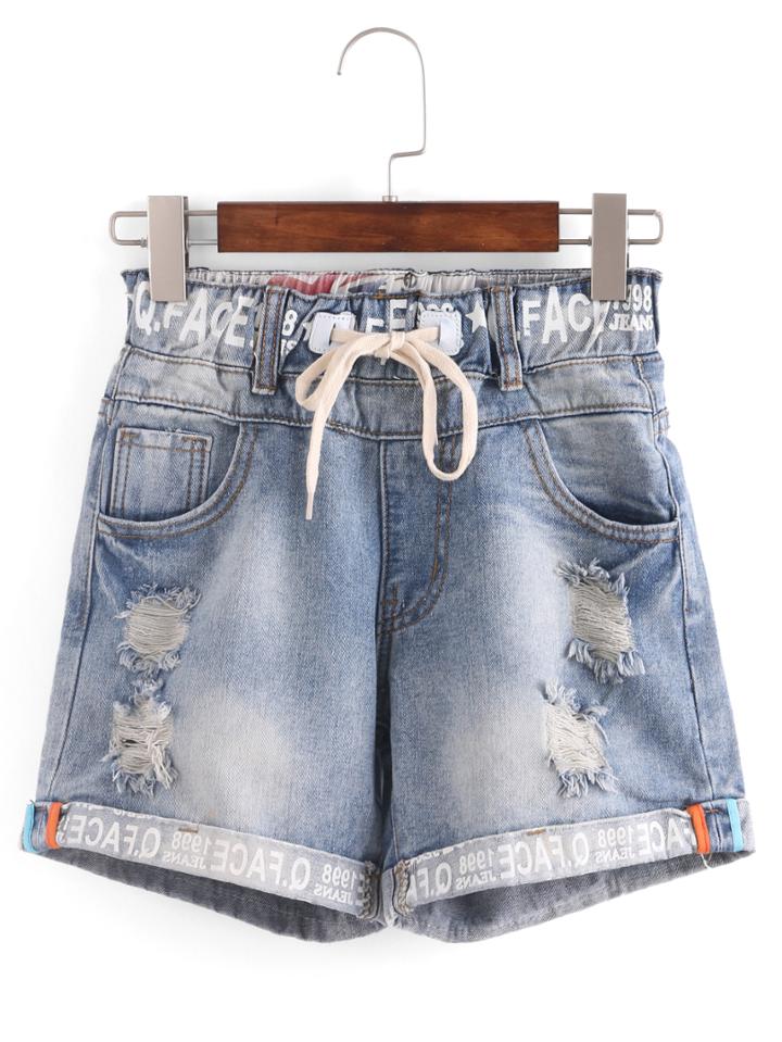 Shein Drawstring Waist Letter Print Denim Shorts