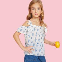 Shein Girls Cactus Print Cold Shoulder Top