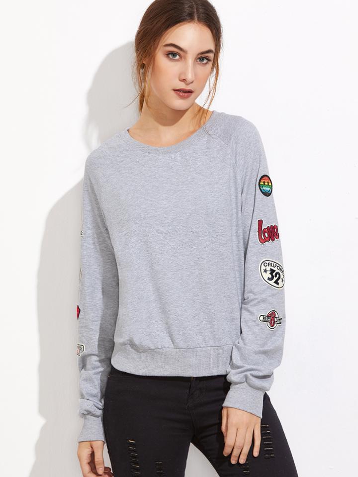 Shein Heather Grey Raglan Sleeve Sweatshirt With Patch Detail