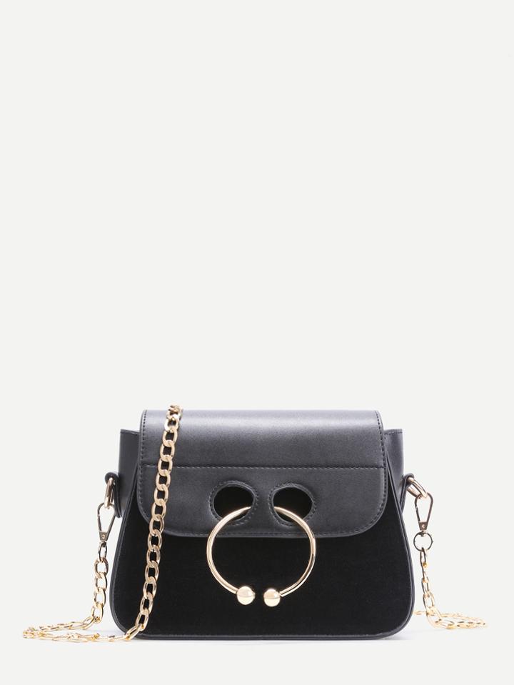 Shein Black Nose Ring Detail Pu Leather Mini Chain Bag