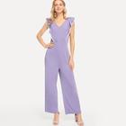 Shein V-neck Flutter Sleeve Wide Leg Jumpsuit