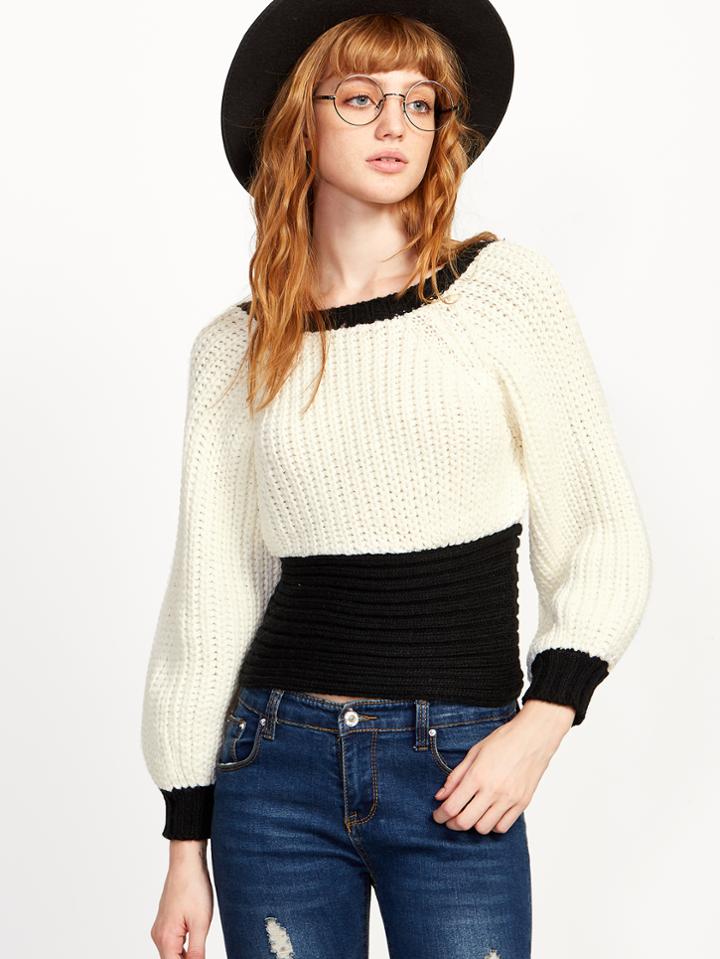 Shein Contrast Trim Hollow Out Chunky Knit Sweater
