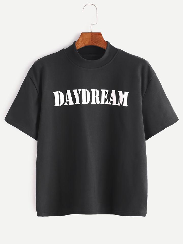Shein Black Mock Neck Letter Print T-shirt
