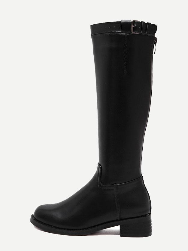 Shein Black Faux Leather Buckle Strap Knee High Zipper Boots