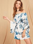 Shein Trumpet Sleeve Self Belted Botanical Bardot Dress