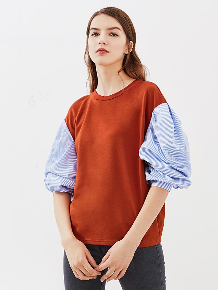 Shein Contrast Striped Gigot Sleeve Tee