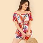 Shein Plus Palm Leaf Print Knot Front Romper