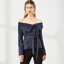 Shein Collared Off Shoulder Pinstripe Blazer