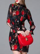 Shein Black Ruffle Neck Pleated Belted Print Dress