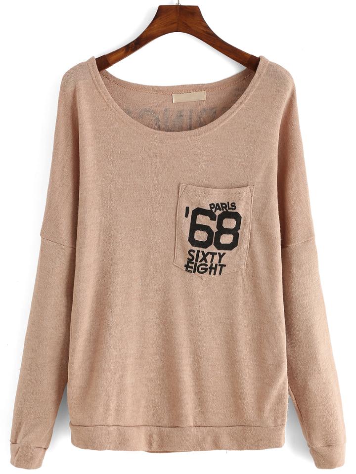 Shein Khaki Long Sleeve Letters Print Pocket T-shirt