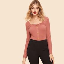 Shein 80s Frilled Button Ribbed Knit Tee