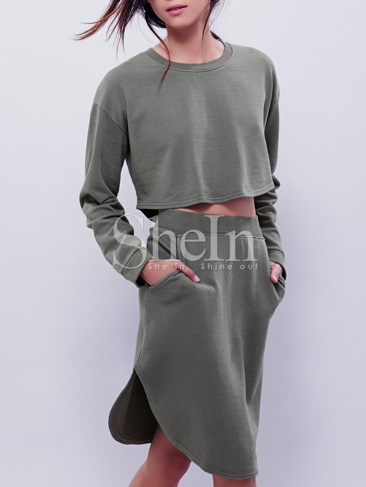 Shein Army Green Long Sleeve Crop Top With Skirt Suits