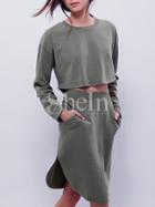 Shein Army Green Long Sleeve Crop Top With Skirt Suits