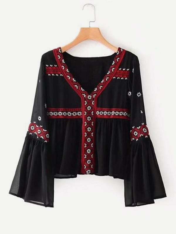 Shein Flounce Sleeve Embroidery Blouse