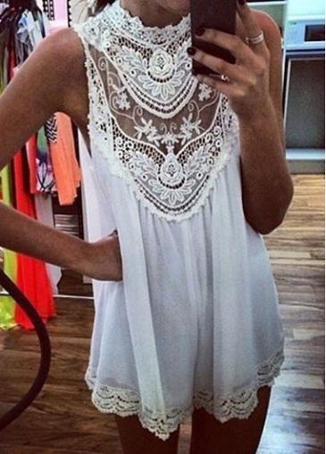 Rosewe Lace Patchwork Sleeveless White Straight Dress