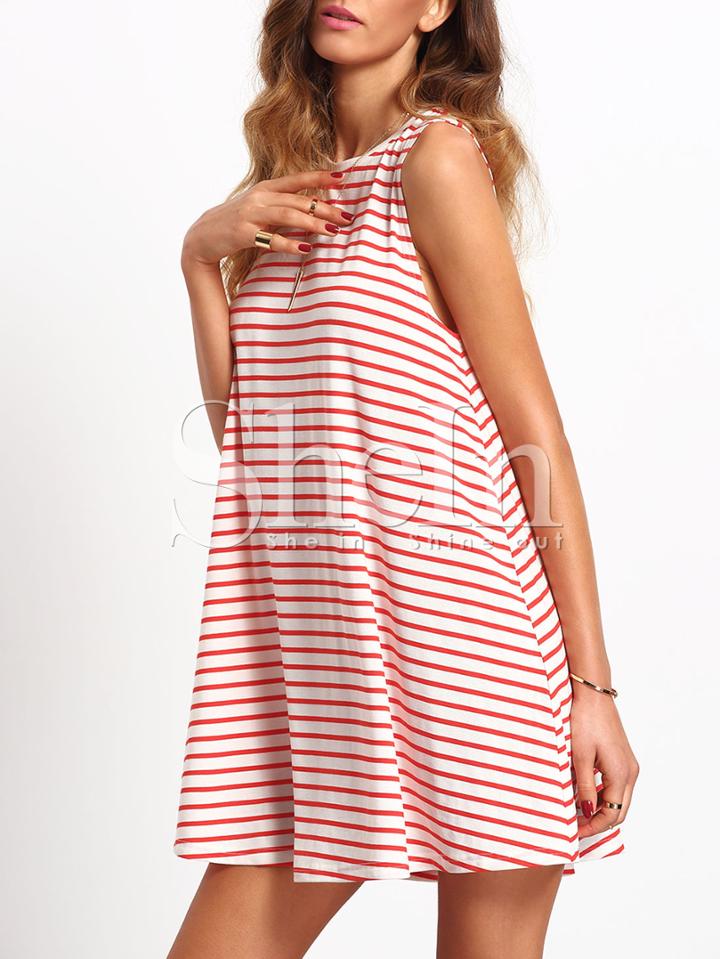 Shein White Red Striped Crew Neck Casual Dress