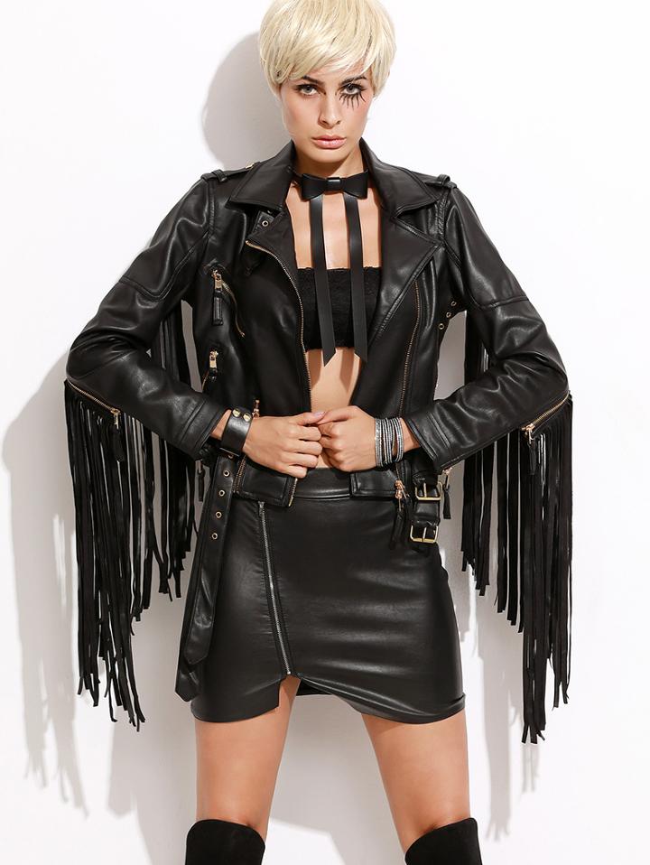 Shein Black Fringe Sleeve Zipper Up Pu Jacket With Belt