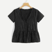 Shein Lace Trim Half Placket Ruffle Hem Striped Blouse