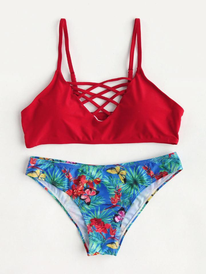 Shein Butterfly Print Lattice Front Mix & Match Bikini Set