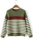 Shein Green Striped Ribbed Trim Drop Shoulder Knitwear