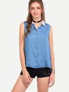 Shein Blue Sleeveless Lapel Button Blouse