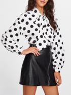 Shein Bow Tied Neck Lantern Sleeve Polka Dot Blouse