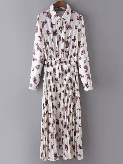 Shein Multicolor Tie Neck Cashew Print Pleated Dress