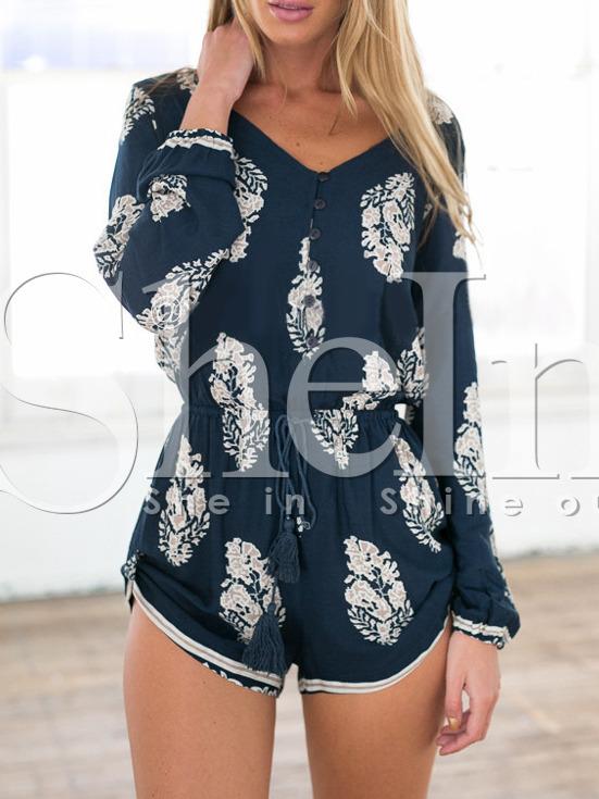 Shein Navy Long Sleeve Vintage Print Playsuit