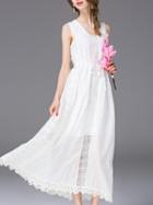 Shein White V Neck Drawstring Lace Dress