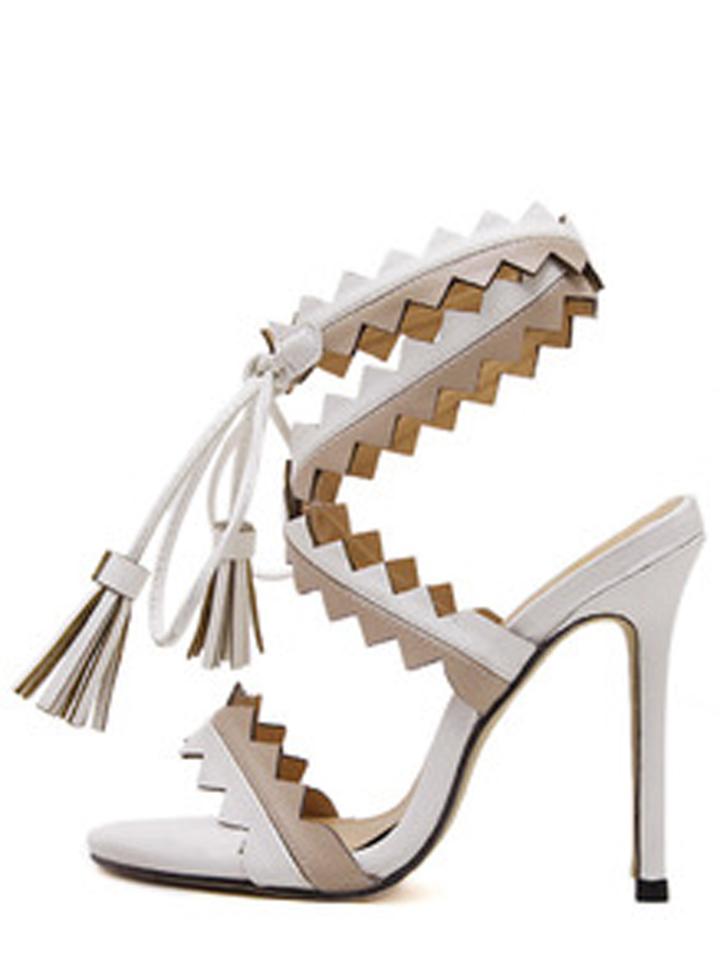 Shein White Peep Toe Fringe Lace-up Sandals