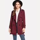 Shein Double Breasted Self Tie Suede Coat
